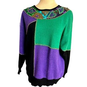 Vintage I.B. Diffusion M  Lambswool Angora Beaded Rhinestone Color Block Sweater
